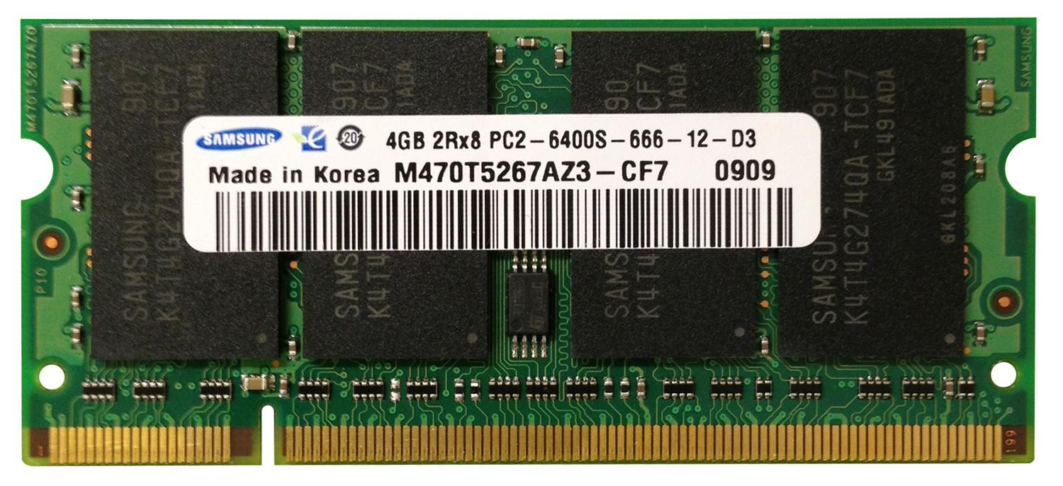 M470T5267AZ3-CF7 Samsung 4GB PC2-6400 DDR2-800MHz non-ECC Unbuffered CL6 200-Pin SoDimm Dual Rank Memory Module
