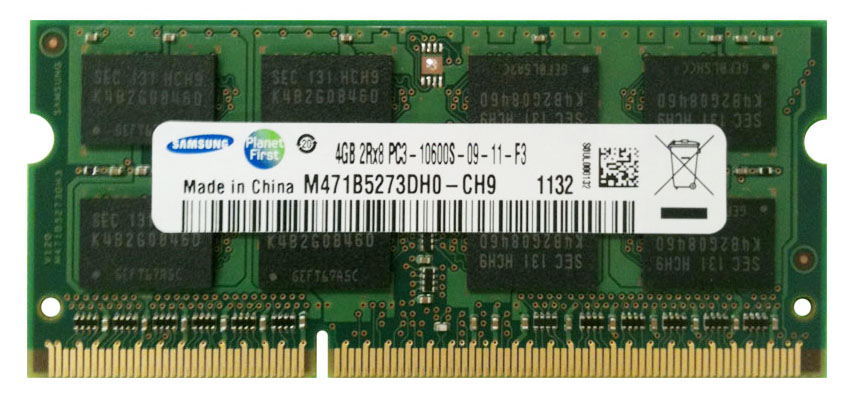M471B5273DH0-CH9 Samsung 4GB PC3-10600 DDR3-1333MHz non-ECC Unbuffered CL9 204-Pin SoDimm Dual Rank Memory Module