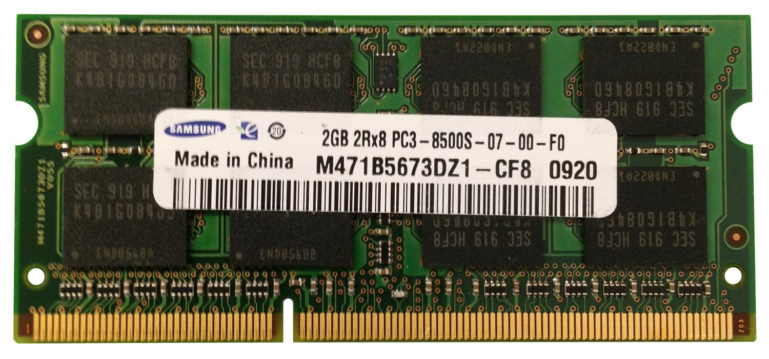 M471B5673DZ1-CF8 Samsung 2GB PC3-8500 DDR3-1066MHz non-ECC Unbuffered CL7 204-Pin SoDimm Dual Rank Memory Module
