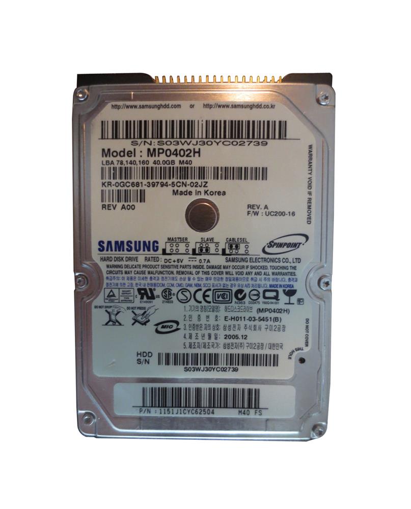 MP0402H Samsung Spinpoint M40 40GB 5400RPM ATA-100 8MB Cache 2.5-inch Internal Hard Drive