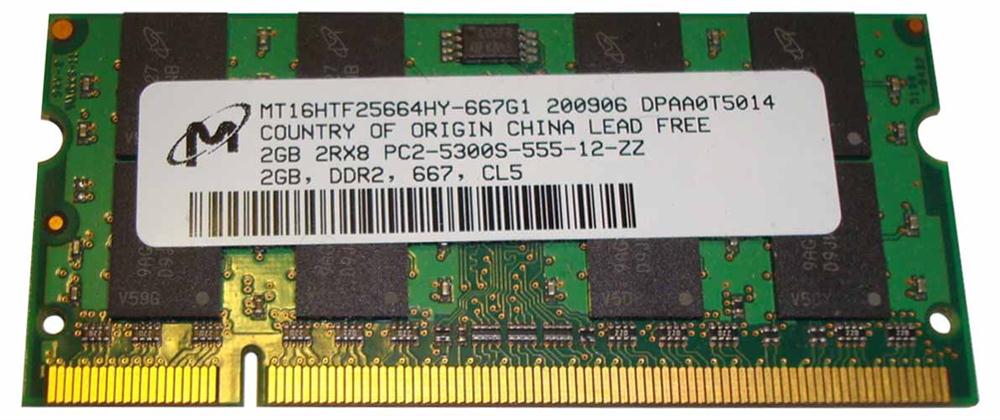 MT16HTF25664HY-667G1 Micron 2GB PC2-5300 DDR2-667MHz non-ECC CL5 200-Pin SoDimm Dual Rank Memory Module