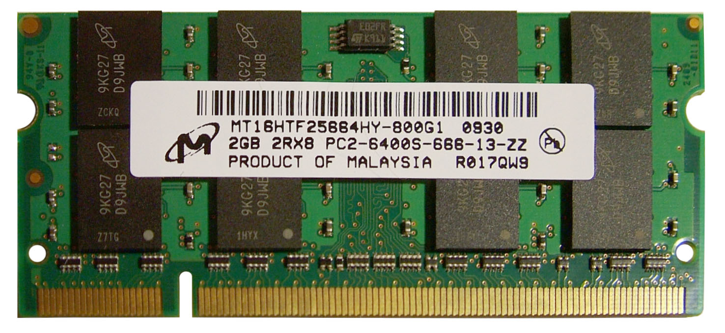 MT16HTF25664HY-800G1 Micron 2GB PC2-6400 DDR2-800MHz non-ECC Unbuffered CL6 200-Pin SoDimm Dual Rank Memory Module