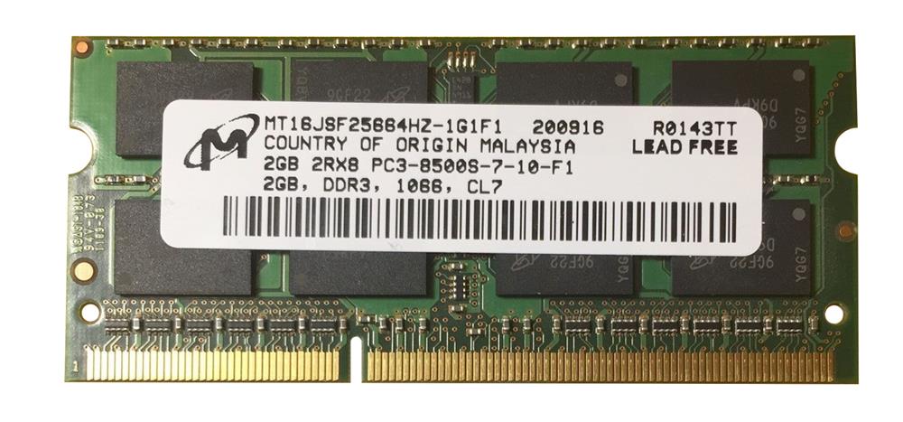 MT16JSF25664HZ-1G1F1 Micron 2GB PC3-8500 DDR3-1066MHz non-ECC Unbuffered CL7 204-Pin SoDimm Dual Rank Memory Module