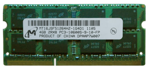 MT16JSF51264HZ-1G4D1 Micron 4GB PC3-10600 DDR3-1333MHz non-ECC Unbuffered CL9 204-Pin SoDimm Dual Rank Memory Module