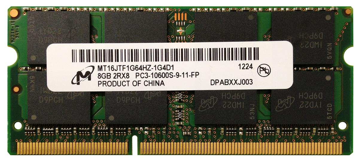 MT16JTF1G64HZ-1G4 Micron 8GB PC3-10600 DDR3-1333MHz non-ECC Unbuffered CL9 204-Pin SoDimm Dual Rank Memory Module