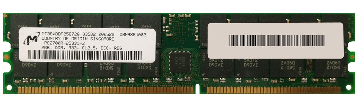 MT36VDDF25672G-335D2 Micron 2GB PC2700 DDR-333MHz Registered ECC CL2.5 184-Pin DIMM 2.5V Dual Rank Memory Module