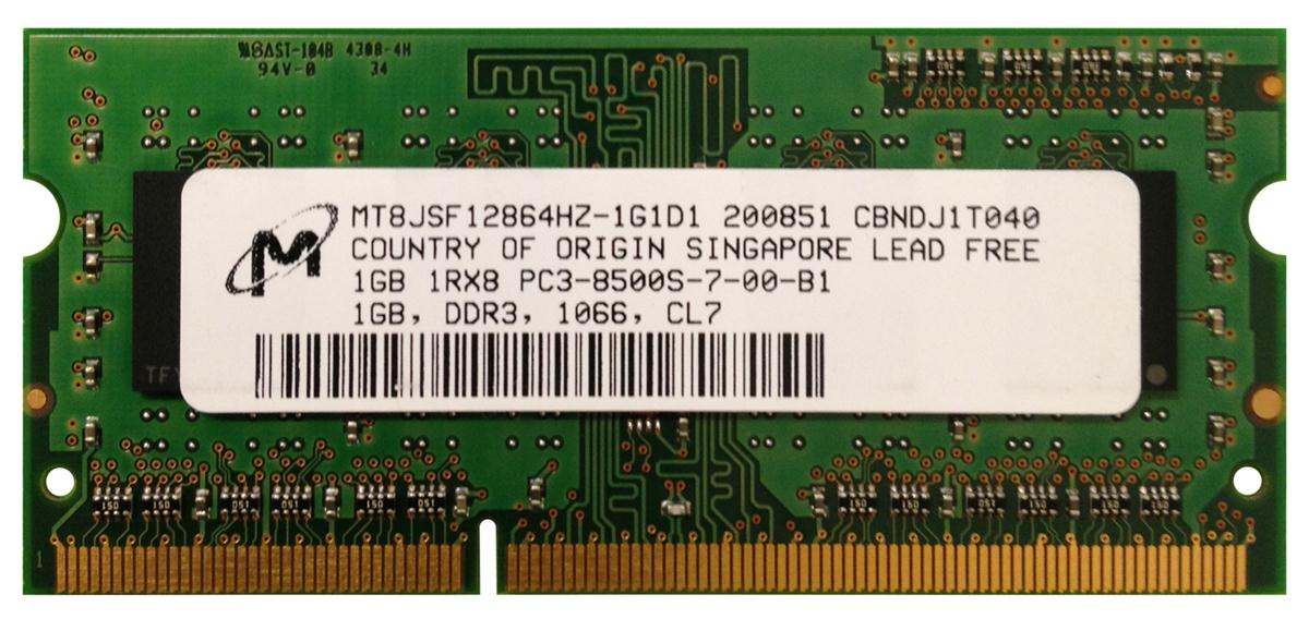 MT8JSF12864HZ-1G1D1 Micron 1GB PC3-8500 DDR3-1066MHz non-ECC Unbuffered CL7 204-Pin SoDimm Single Rank Memory Module