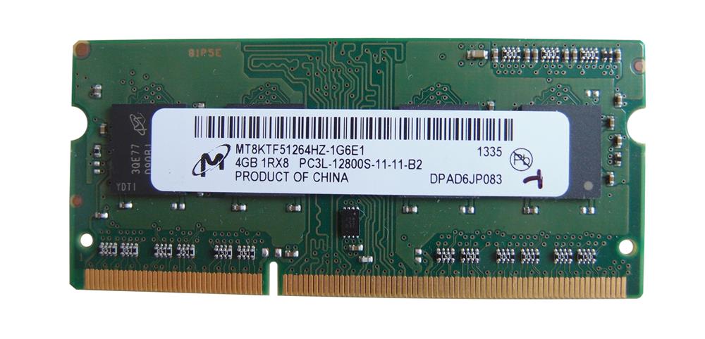 MT8KTF51264HZ-1G6E1 Micron 4GB PC3-12800 DDR3-1600MHz non-ECC Unbuffered CL11 204-Pin SoDimm 1.35V Low Voltage Single Rank Memory Module