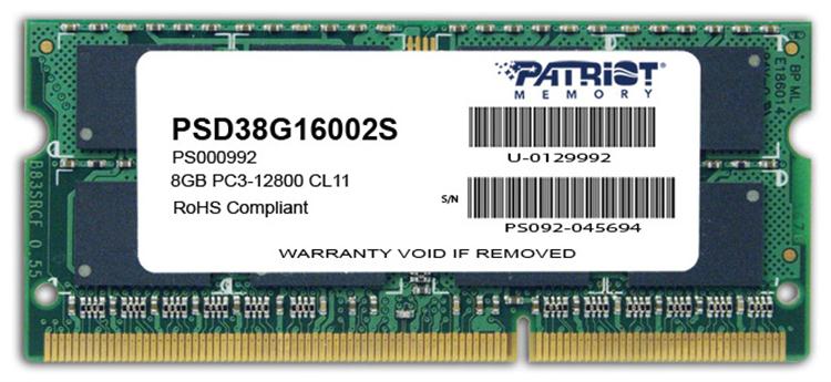 PSD38G16002S Patriot Signature Line 8GB PC3-12800 DDR3-1600MHz non-ECC Unbuffered CL11 204-Pin SoDimm Dual Rank Memory Module