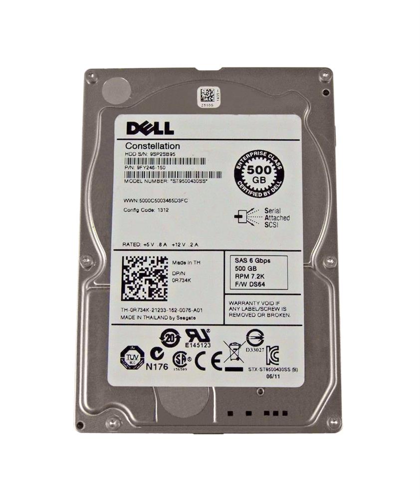R734K Dell 500GB 7200RPM SAS 6Gbps 16MB Cache 2.5-inch Internal Hard Drive