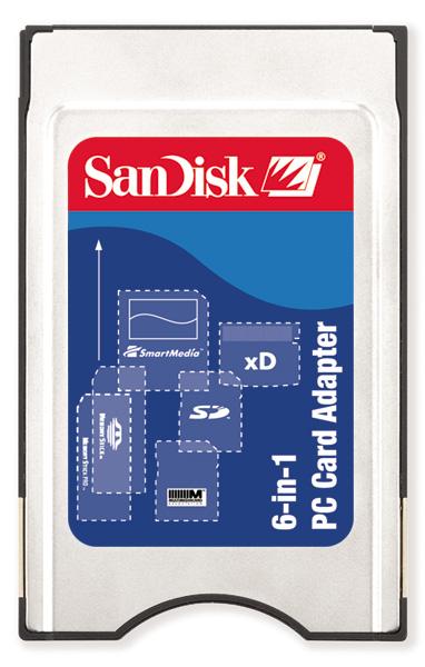 SDAD-67-A10 SanDisk 6-in-1 PC Card Adapter xD-Picture Card, Memory Stick, Memory Stick PRO, Secure Digital (SD) Card, MultiMediaCard (MMC), SmartMedia Card (SM)