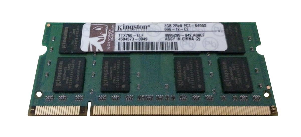 TTX760-ELF Kingston 2GB PC2-6400 DDR2-800MHz non-ECC Unbuffered CL6 200-Pin SoDimm Dual Rank Memory Module