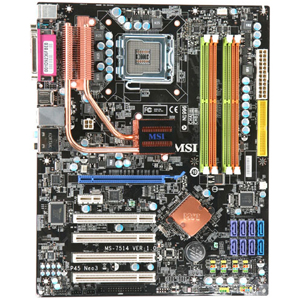 7514-010 MSI P45 Neo3-FR Socket LGA 775 Intel P45 Express + ICH10R Chipset Core 2 Duo/ Core 2 Extreme/ Core 2 Quad/ Pentium Dual-Core/ Celeron / Celeron Dual-Core Processors Support DDR2 4x DIMM 2x SATA 3.0Gb/s ATX Motherboard (Refurbished)
