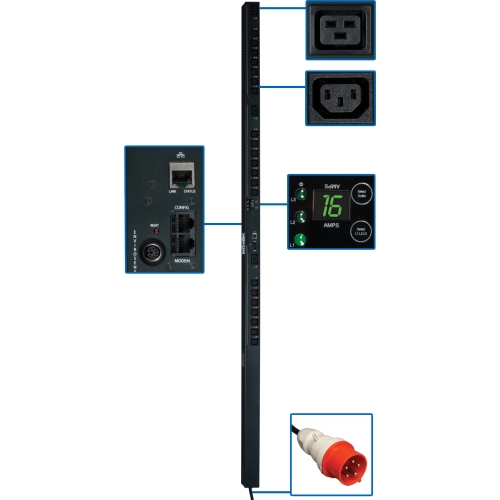 PDU3XVSR10G16 Tripp Lite 3-Phase 16A 3 x IEC 60320 C19, 21 x IEC 60320 C13 11KVA 0U Vertical Rack-Mount Power Distribution Unit (PDU) (Refurbished)