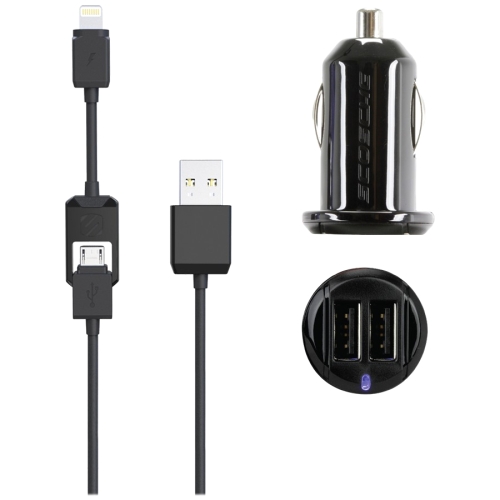 I2MC242M Scosche strikeDRIVE Pro 12-Watts + 12-Watts Mobile DC Car Cigarette Plug Dual USB Charger with USB to Lightning / Micro USB Cable (Refurbished)