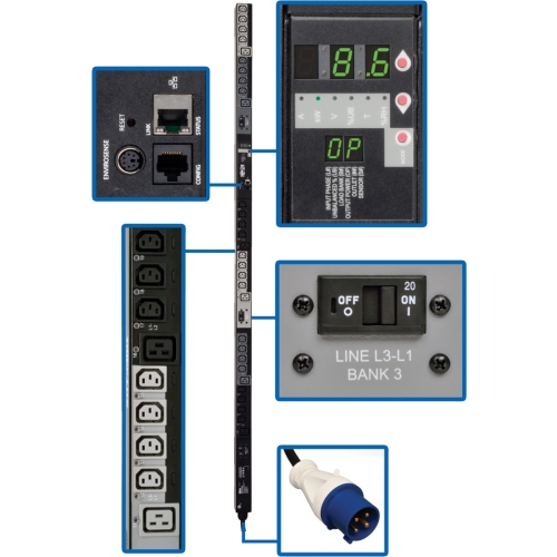 PDU3VSR6G30 Tripp Lite 10kW 200/208/240V Outlets 24-C13 6-C19 IEC-309 30A Blue 6ft Cord 0U Vertical 3 Phase Switched PDU