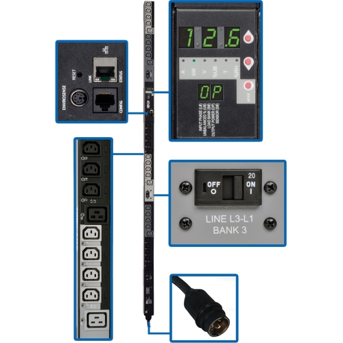 PDU3VS6H50 Tripp Lite 14.5kW 200/208/240V Outlets 24-C13 6-C19 Hubbell 50A CS8365C 6ft Cord 0U Vertical 3 Phase Switched PDU