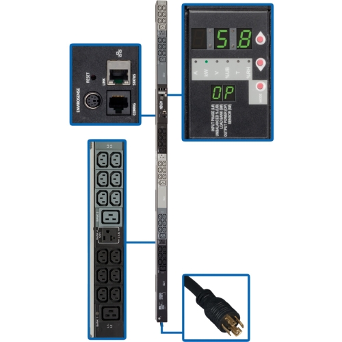 PDU3VN6L2120 Tripp Lite 5.8kW 208/120V Outlets 36 C13 6 C19 3 5-15/20R L21-20P 6ft Cord 0U Vertical 3 Phase Monitored PDU