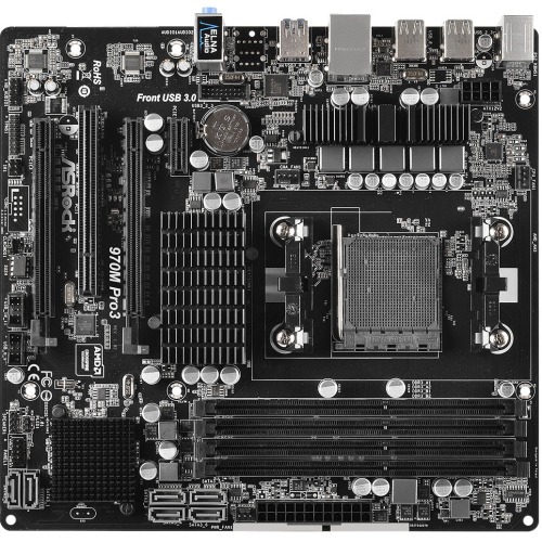 970M Pro3 ASRock Socket AM3+ AMD 970/SB950 Chipset AM3 AMD Phenom II X6/X4/X3/X2/ Athlon II X4/X3/X2/ Sempron Processors Support DDR3 4x DIMM 6x SATA3 6.0Gb/s Micro-ATX Motherboard (Refurbished)