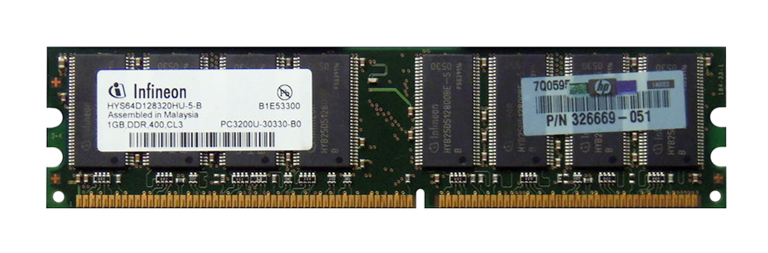 326669-051 HP 1GB PC3200 DDR-400MHz non-ECC Unbuffered CL3 184-Pin DIMM Memory Module