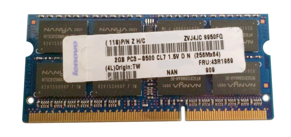 43R1969 IBM Lenovo 2GB PC3-8500 DDR3-1066MHz non-ECC Unbuffered CL7 204-Pin SoDimm Dual Rank Memory Module