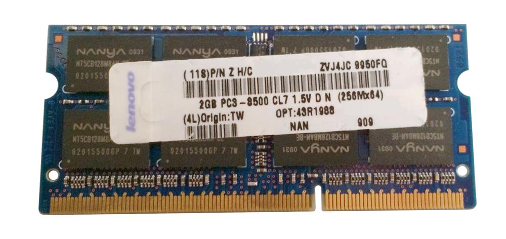 43R1988 IBM 2GB PC3-8500 DDR3-1066MHz non-ECC Unbuffered CL7 204-Pin SoDimm Dual Rank Memory Module