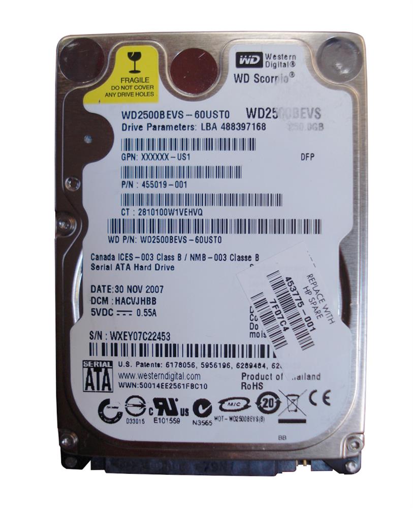 455019-001 HP 250GB 5400RPM SATA 1.5Gbps 8MB Cache 2.5-inch Internal Hard Drive