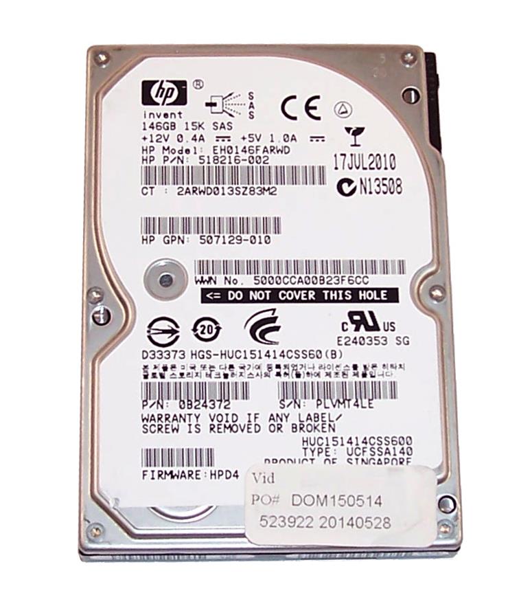 518216-002N HP 146GB 15000RPM SAS 6Gbps Dual Port Hot Swap 2.5-inch Internal Hard Drive