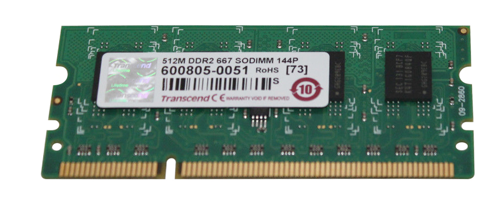 600805-0051 Transcend 512MB PC2-3200 DDR2-400MHz non-ECC Unbuffered CL3 144-Pin SoDimm Memory Module