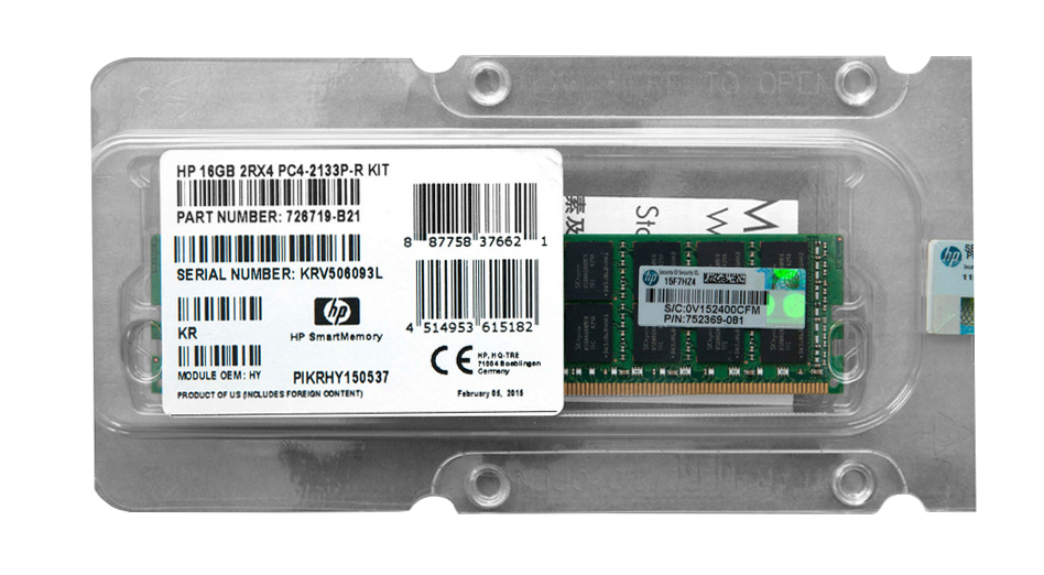 726719-B21 HP 16GB PC4-17000 DDR4-2133MHz ECC Registered CL15 288-Pin DIMM 1.2V Dual Rank Memory Module