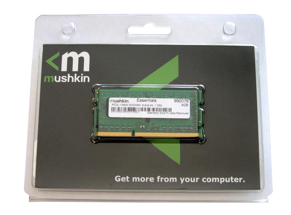 992078 Mushkin Essentials 8GB PC3-10600 DDR3-1333MHz non-ECC Unbuffered CL9 204-Pin SoDimm Dual Rank Memory Module