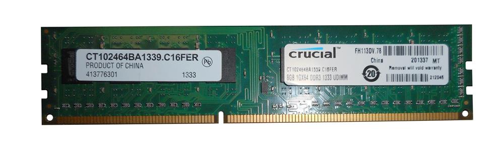 CT102464BA1339.C16FER Crucial 8GB PC3-10600 DDR3-1333MHz non-ECC Unbuffered CL9 240-Pin DIMM Dual Rank Memory Module