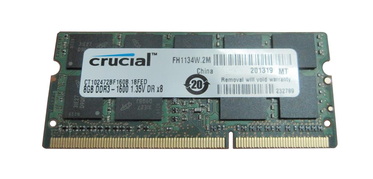 CT102472BF160B.18FED Crucial 8GB PC3-12800 DDR3-1600MHz ECC Unbuffered CL11 204-Pin SoDimm 1.35V Low Voltage Dual Rank Memory Module