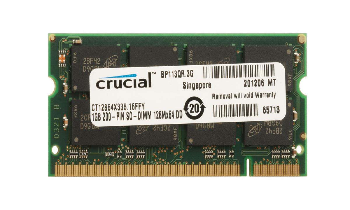 CT12864X335 Crucial 1GB PC2700 DDR-333MHz non-ECC Unbuffered CL2.5 200-Pin SoDimm 2.5V Memory Module