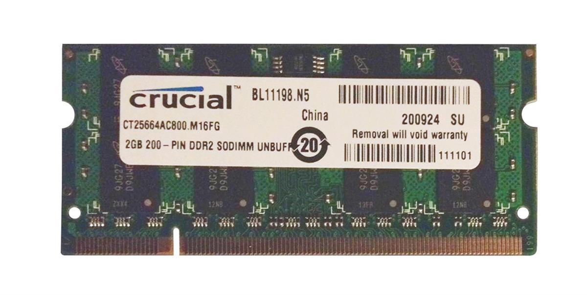 CT25664AC800 Crucial 2GB PC2-6400 DDR2-800MHz non-ECC Unbuffered CL6 200-Pin SoDimm Dual Rank Memory Module