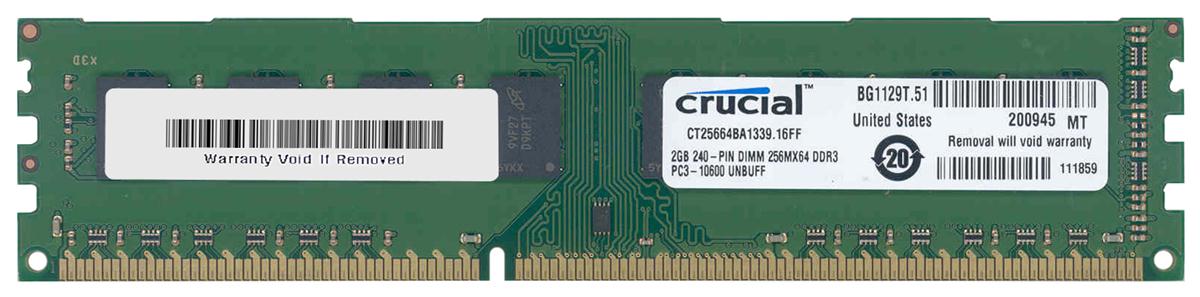 CT25664BA1339.16FF Crucial 2GB PC3-10600 DDR3-1333MHz non-ECC Unbuffered CL9 240-Pin DIMM Dual Rank Memory Module