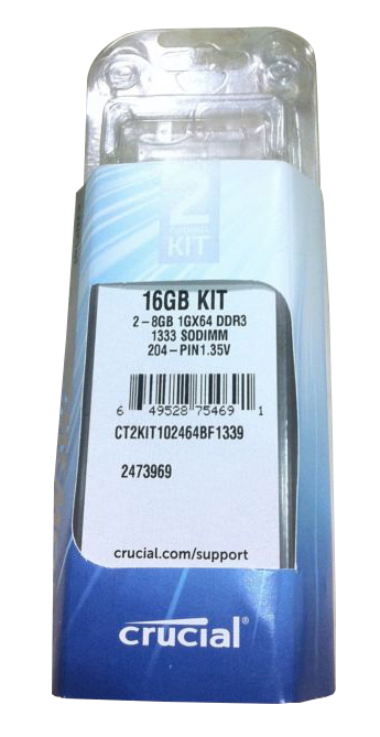 CT2KIT102464BF1339 Crucial 16GB Kit (2 X 8GB) PC3-10600 DDR3-1333MHz non-ECC Unbuffered CL9 204-Pin SoDimm 1.35V Low Voltage Dual Rank Memory