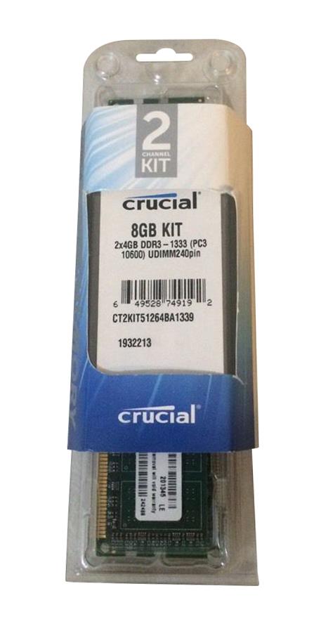 CT2KIT51264BA1339 Crucial 8GB Kit (2 X 4GB) PC3-10600 DDR3-1333MHz non-ECC Unbuffered CL9 240-Pin DIMM Dual Rank Memory