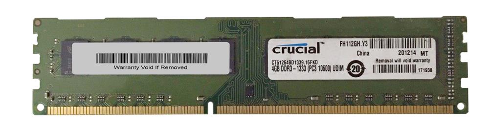 CT51264BD1339 Crucial 4GB PC3-10600 DDR3-1333MHz non-ECC Unbuffered CL9 240-Pin DIMM 1.35V Low Voltage Dual Rank Memory Module