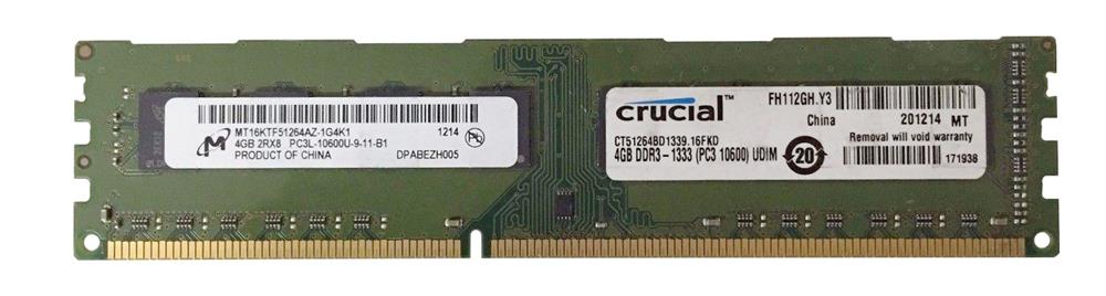 CT51264BD1339.16FKD Crucial 4GB PC3-10600 DDR3-1333MHz non-ECC Unbuffered CL9 240-Pin DIMM 1.35V Low Voltage Dual Rank Memory Module