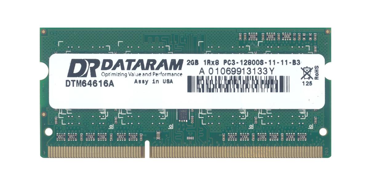 DTM64616A Dataram 2GB PC3-12800 DDR3-1600MHz non-ECC Unbuffered CL11 204-Pin SoDimm Single Rank Memory Module