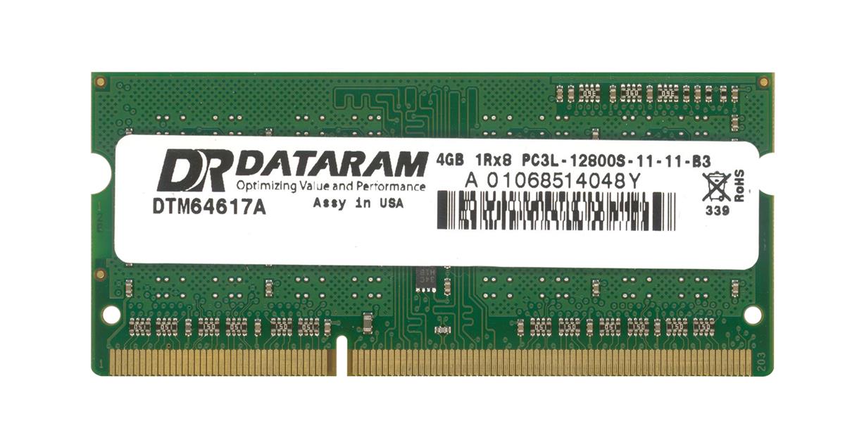 DTM64617A Dataram 4GB PC3-12800 DDR3-1600MHz non-ECC Unbuffered CL11 204-Pin SoDimm Single Rank Memory Module