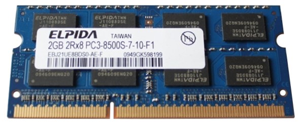 EBJ21UE8BDS0-AE-F Elpida 2GB PC3-8500 DDR3-1066MHz non-ECC Unbuffered CL7 204-Pin SoDimm Dual Rank Memory Module