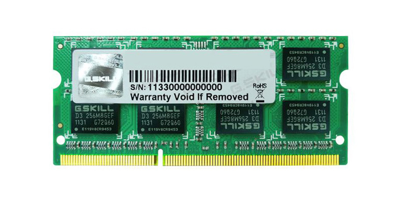 F3-1600C9D-8GRSL G.Skill 8GB Kit (2 X 4GB) PC3-12800 DDR3-1600MHz non-ECC Unbuffered CL9 (9-9-9-28) 204-Pin SoDimm 1.35V Low Voltage Memory