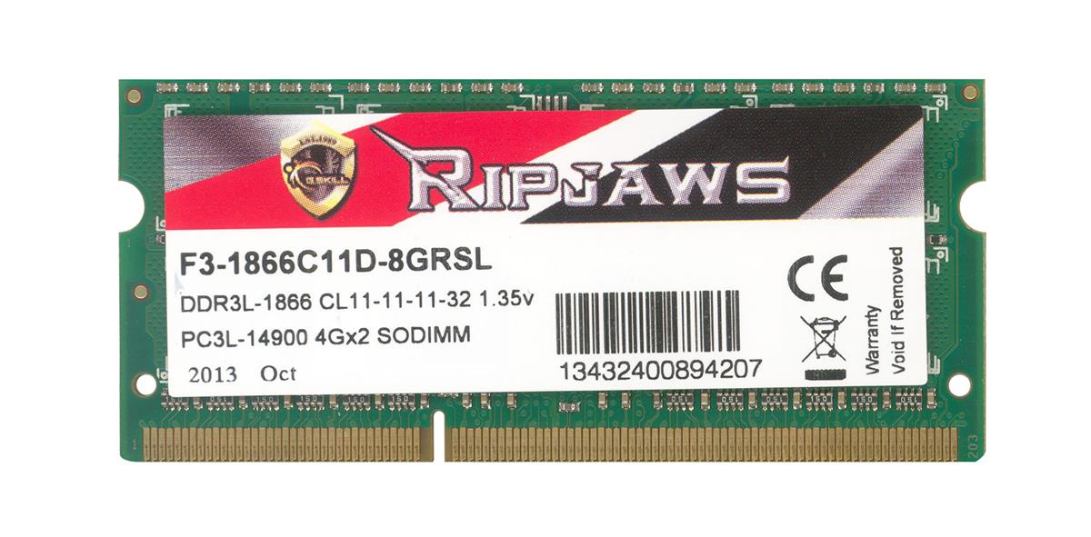 F3-1866C11D-8GRSL G.Skill 8GB Kit (2 X 4GB) PC3-14900 DDR3-1866MHz non-ECC Unbuffered CL11-11-11-32 204-Pin SoDimm 1.35V Low Voltage Memory