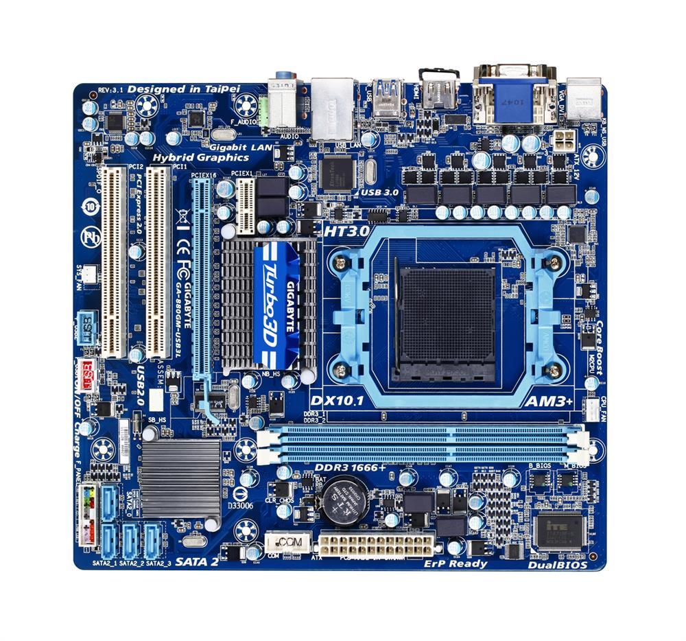 GA-880GM-USB3L Gigabyte Socket AM3+ AMD 880G/ SB710 Chipset AMD AM3 Phenom II/ Athlon II Processors Support DDR3 2x DIMM 4x SATA 3.0Gb/s Micro-ATX Motherboard (Refurbished)
