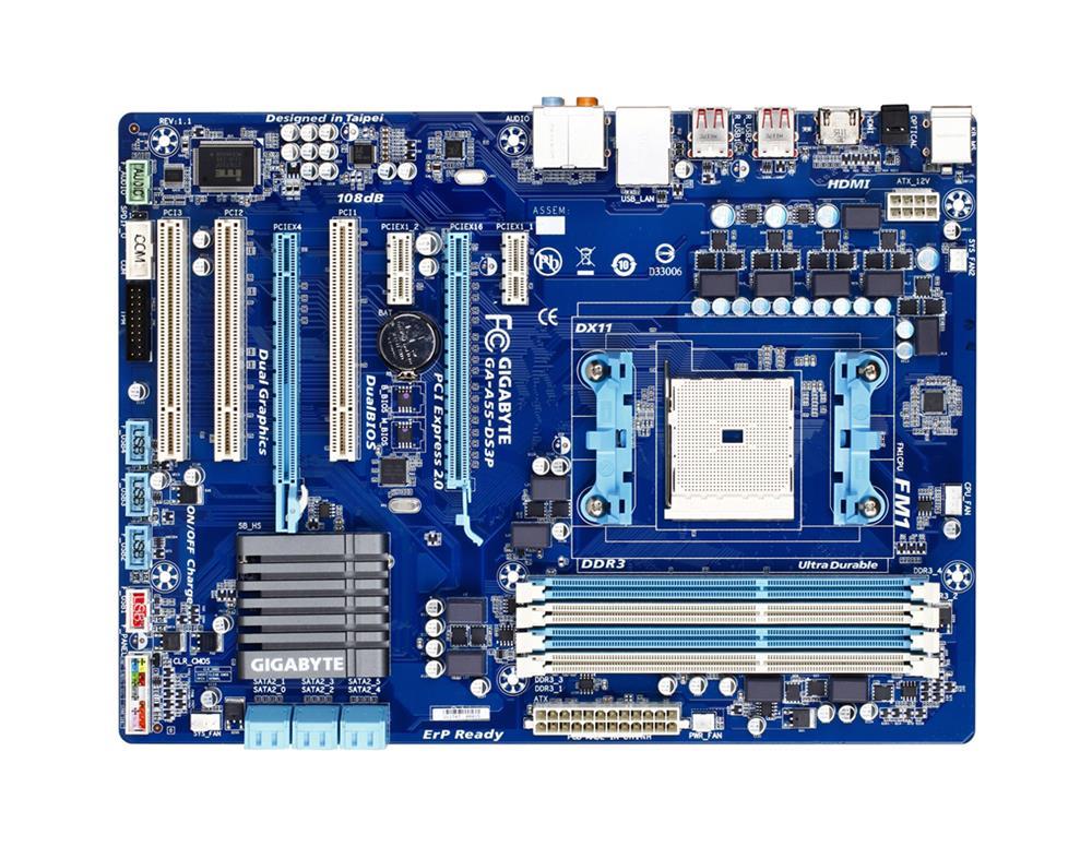 GA-A55-DS3P Gigabyte Socket FM1 AMD A55 Chipset AMD A & E2-Series Processors Support DDR3 4x DIMM 6x SATA 3.0Gb/s ATX Motherboard (Refurbished)