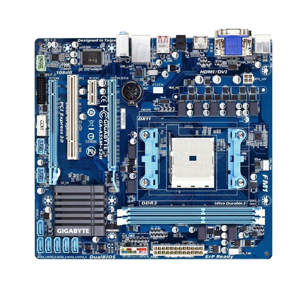 GA-A55M-S2H Gigabyte Socket FM1 AMD A75 Chipset AMD A & E2-Series Processors Support DDR3 2x DIMM 4x SATA 6.0Gb/s Micro-ATX Motherboard (Refurbished)