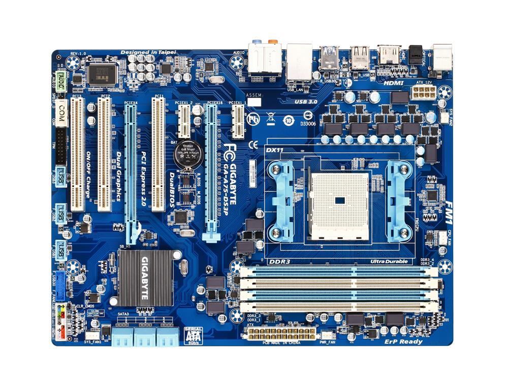 GA-A75-DS3P Gigabyte Socket FM1 AMD A75 Chipset AMD A-Series/ E2-Series Processors Support DDR3 4x DIMM 6x SATA 6.0Gb/s ATX Motherboard (Refurbished)