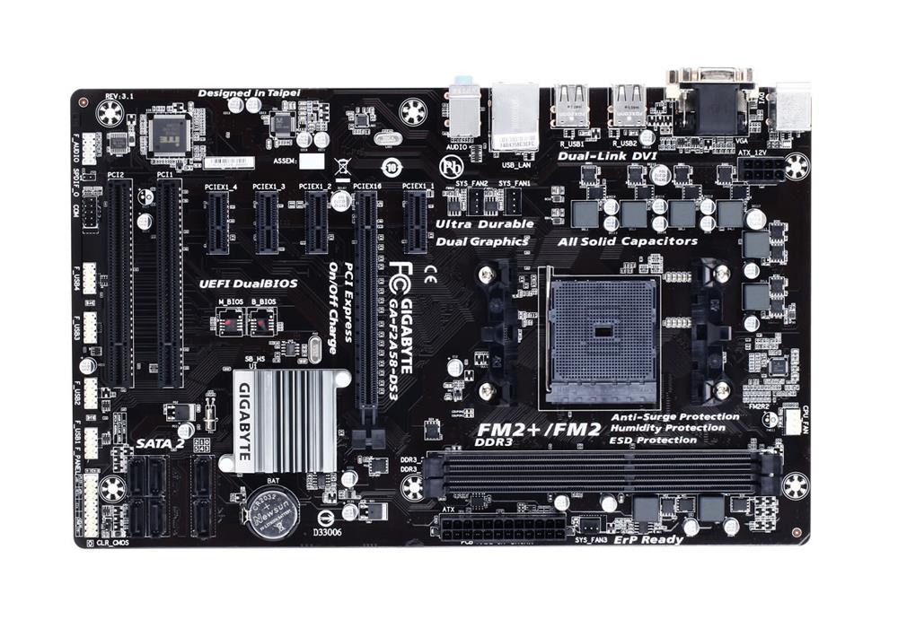 GA-F2A58-DS3 Gigabyte Socket FM2+ AMD A85X Chipset AMD A-Series/ Athlon Series Processors Support DDR3 2x DIMM 6x SATA 3.0Gb/s ATX Motherboard (Refurbished)